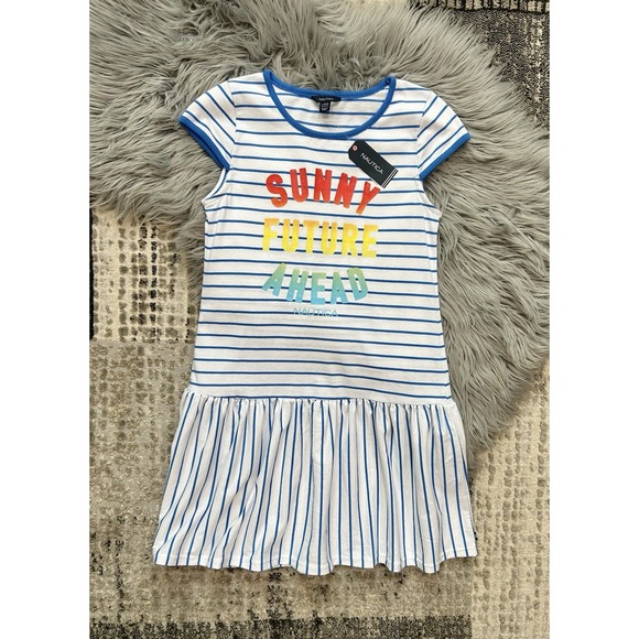 Nautica Girl's Cap-Sleeve Dress White Blue Multi-Color Size Large "Sunny Future" - Picture 2 of 5
